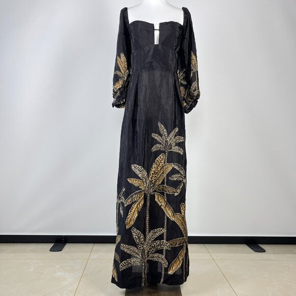 NWOT Farm Rio Maxi Dress Size M Black Print Puff Sleeves Plant Short Sleeve - Picture 5 of 14